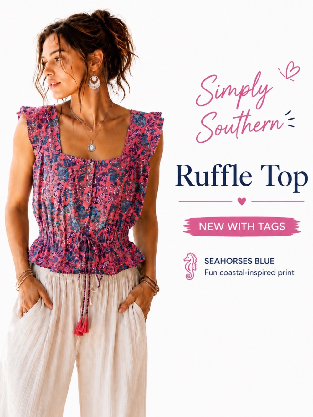 NWT Simply Southern Top Seahorses blue elastic waist sleeveless ruffle detail XL